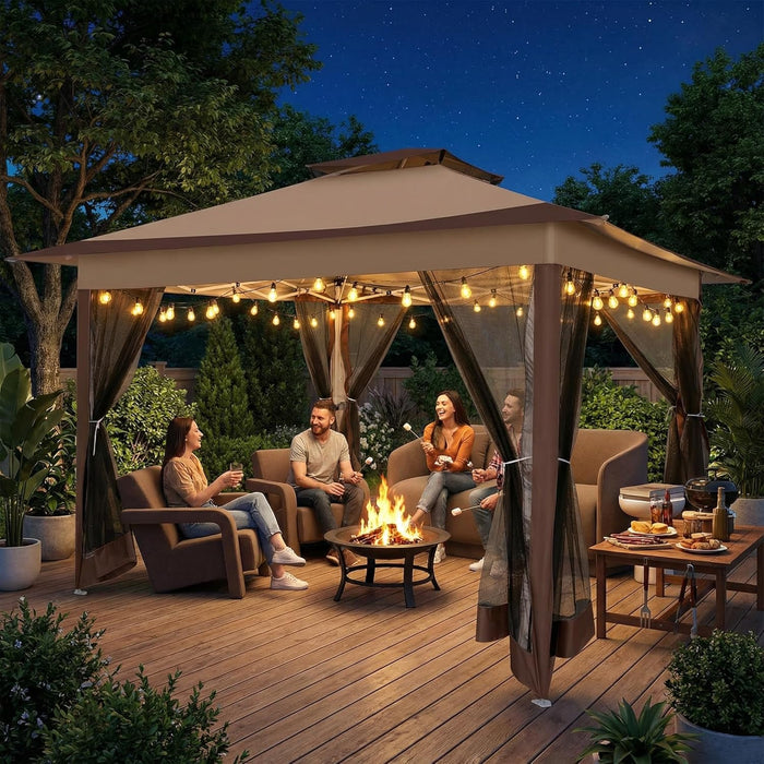 12X12 Pop up Gazebos on Clearance - Upgrade Easy up Metal Outdoor Gazebo Waterproof - Portable Gazebo with Mosquito Nettings, 4 Ropes 8 Stakes and Carry Bag for Patio Garden(Coffee)