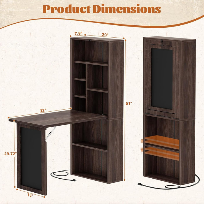 Small Folding Desk with Outlets, Convertible Writing Desk for Small Spaces/Home Office/Craft Room, Multi-Function Desk Workstation with Blackboard, Fold-Out Cabinet Table, Black Walnut