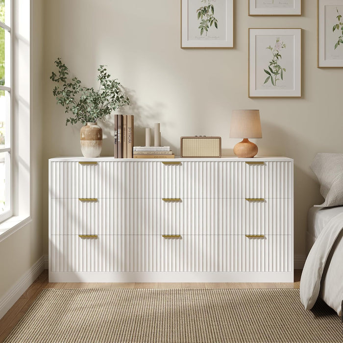 White 9 Drawer Dresser for Bedroom, 63" Wide Modern Fluted Chest of Drawers, Wooden Dresser with Gold Metal Handles, Mid Century Large Dresser TV Stand for Living Room Hallway