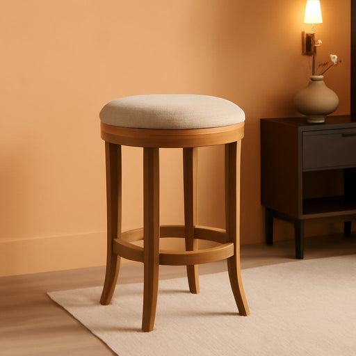 Eva 31 Inch Tall Bar Height Rotating Backless Barstool in Weathered Oak Finish with Sand Color Fabric Upholstered Seat
