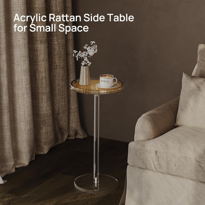 Acrylic Rattan Drink Table for Small Spaces, 11.8'' L X 11.8'' L X 24'' H, round Coffee Martini Drink Side Table with Pedestal for Living Room, Corners, Sofa, Clear, Easy Assembly