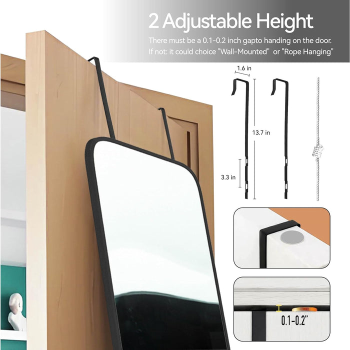57X20 Door Hanging Full Length Mirror, Floor (Height 5.7Ft Just Body in 1.3Ft) or Wall Mounted Metal Frame Rectangle Dressing Mirrors for Bedroom Bathroom Living Room 57 Inch Black