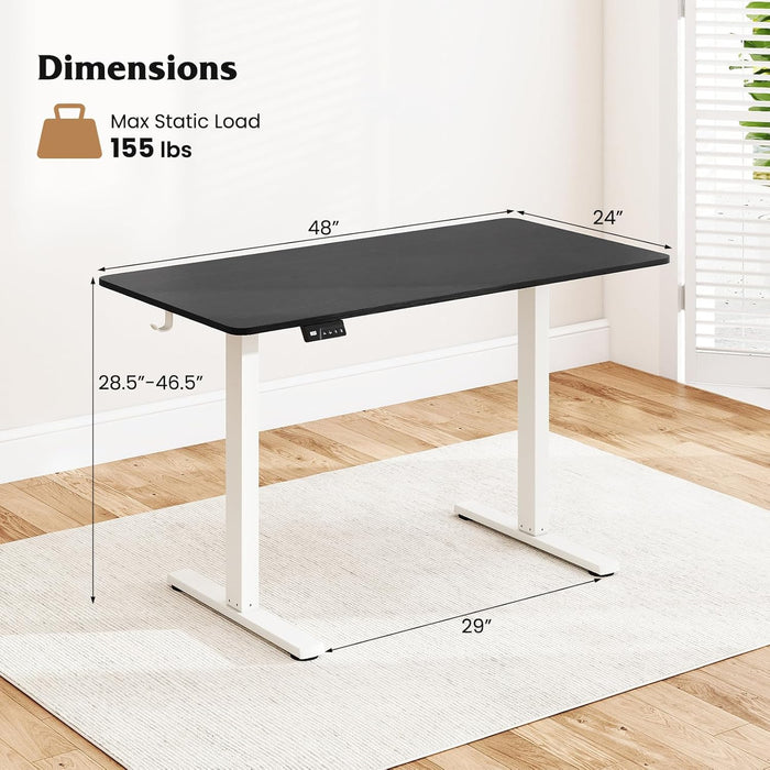 Electric Standing Desk, 48" X 24" Height Adjustable Sit Stand Computer Workstation with 2 Memory Heights, Headphone Hook, Anti-Collision Design, Home Office Computer Desk (Black+White)