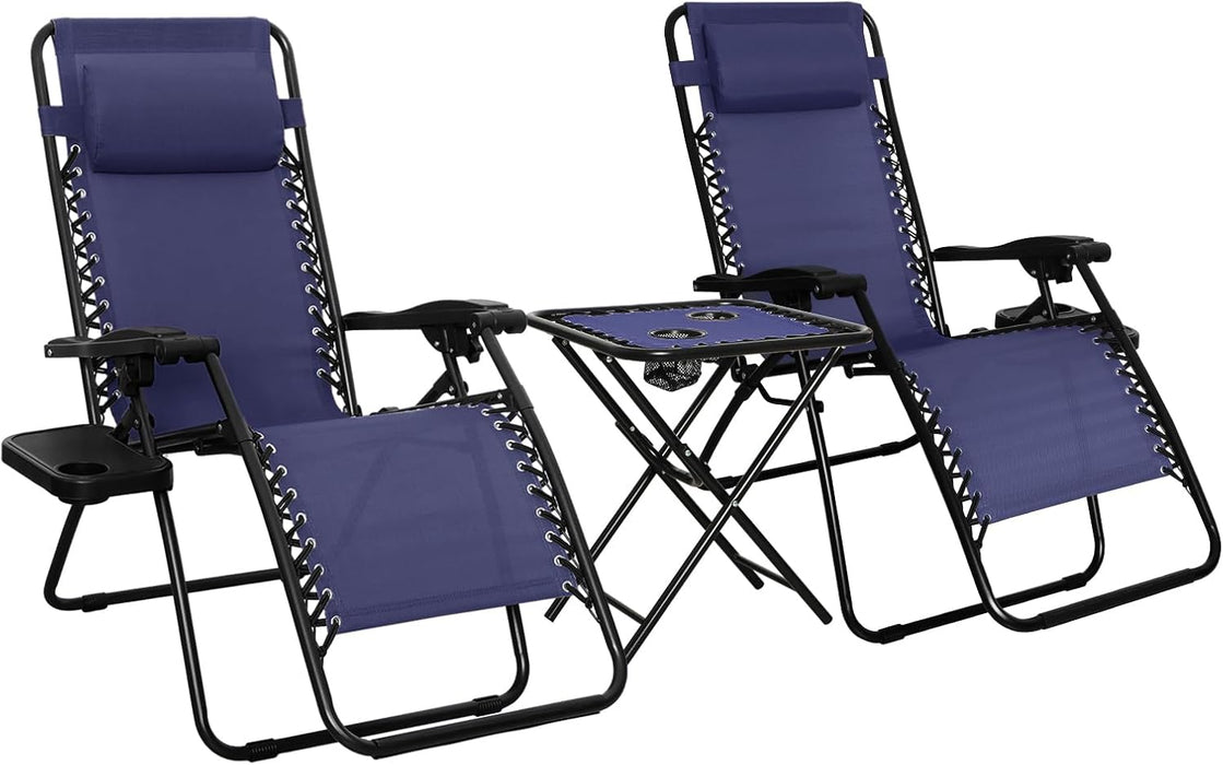 Outdoor Adjustable Zero Gravity Folding Reclining Lounge Chair with Cup Holder, Headrest Pillow, Detachable Side Table, Weather Resistant, Set of 2, Blue