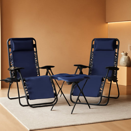 Outdoor Adjustable Zero Gravity Folding Reclining Lounge Chair with Cup Holder, Headrest Pillow, Detachable Side Table, Weather Resistant, Set of 2, Blue