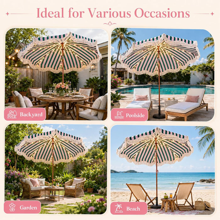 Fringe Patio Umbrella with Solar Powered String Lights, Boho Patio Umbrella for Outdoor, Garden, Deck, Pool, Push Button Tilt Pole