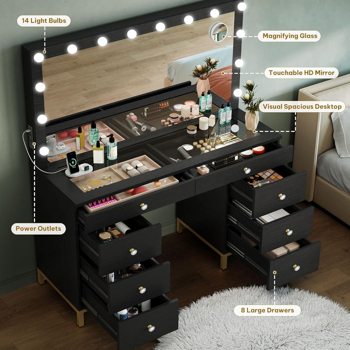 Makeup Vanity Desk with LED Mirror & Light, Large Makeup Table with 8 Drawers, Magnifying Glass, Power Outlets, Hairdryer Holder & Cushion Stool for Dressing Room, Black Vanity Set