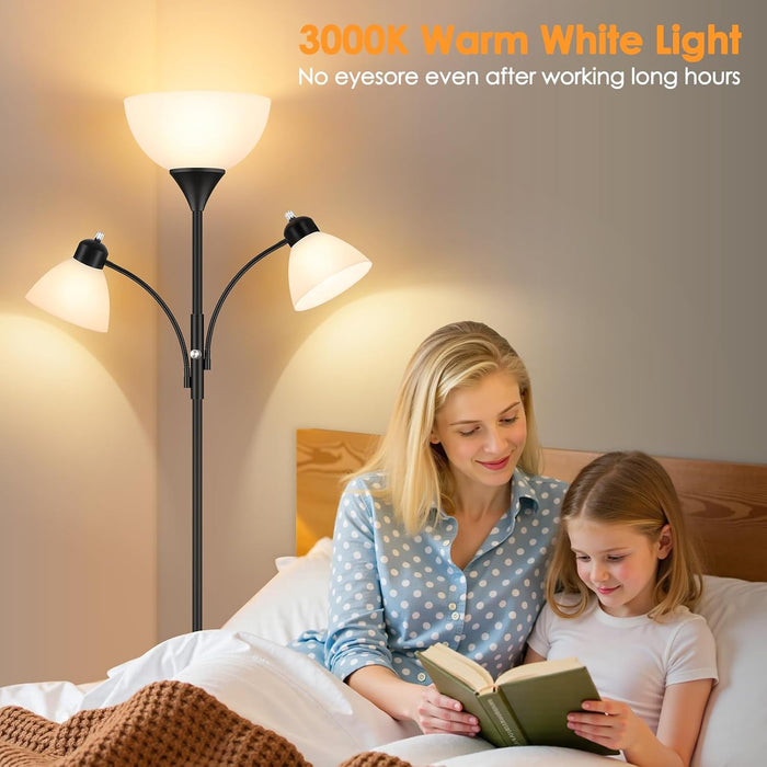Torchiere Floor Lamps for Living Room,72" Dimmable Lamp with 2 Adjustable Reading Lights for Bedroom, Black Tall Standing Room Lamp, 3 Bulbs Included