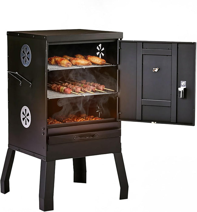 Outdoor Smoker with Door, Vertical Charcoal Smoker, Outdoors Charcoal Grill with 2 Detachable Grill Netting Smoking Racks, Suitable for Lawn Picnic Backyard BBQ, Small Families, Black