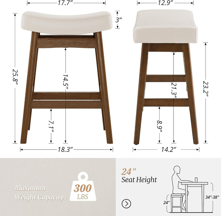 Bar Stools Set of 4, Barstools with Sturdy Wood Legs, Saddle Seat Counter Height Bar Stools for Kitchen Counter, Bar, Dining, 24 Inch Farmhouse Counter Stools, Antique White Leather