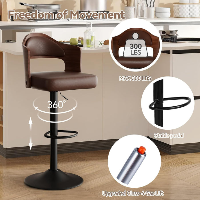 Swivel Bar Stools Set of 3,Bentwood Adjustable Height Barstools | Upholstered Seat,Easy-Clean PU Leather,Back& Footrest, Mid Century Modern Bar Chair for Counter, Kitchen Island, Brown