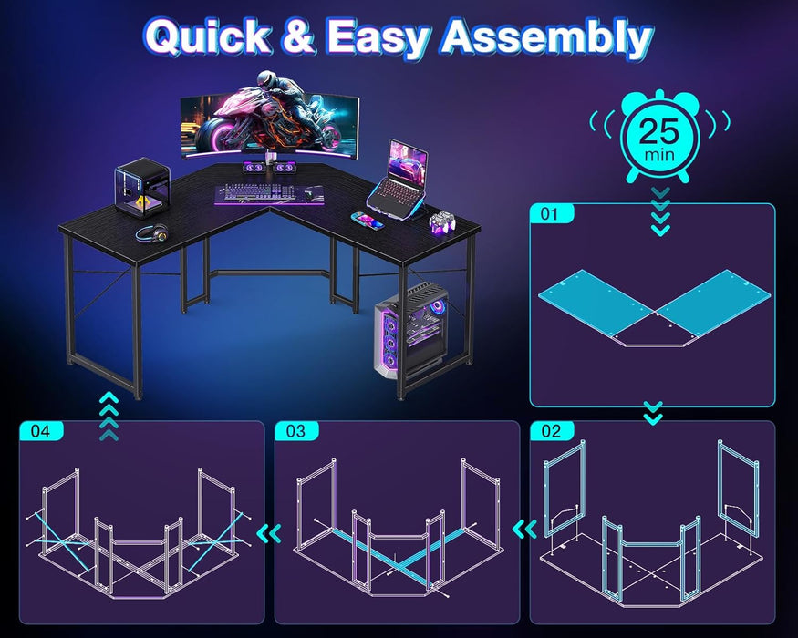 L Shaped Gaming Desk, Corner Desk Gaming Table for Home Office, Computer Desk Sturdy Writing Workstation for Small Space, Easy to Assemble, 51 Inch, Black