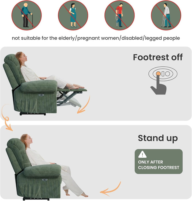 Upgraded 2024 New Power Recliner Chair for Adults, Adjustable Electric Chair Power Reclining Sofa, USB Port, Ultra-Comfy Corduroy Recliner for Living Room, Tool-Less Assembly Single Sofa Green