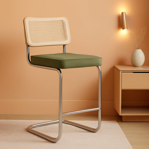 Natural Rattan Counter Stools Set of 2, 26" Modern Boho Barstools | Mid Century Modern Bar Stools with Cane Mesh & Chrome Legs, Vintage Velvet Fabric Counter Height Chairs for Kitchen, Green
