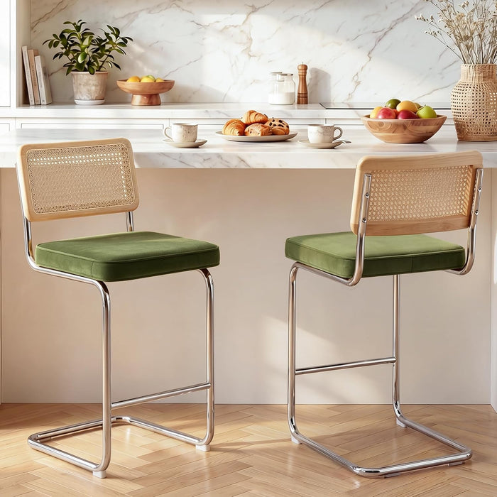 Natural Rattan Counter Stools Set of 2, 26" Modern Boho Barstools | Mid Century Modern Bar Stools with Cane Mesh & Chrome Legs, Vintage Velvet Fabric Counter Height Chairs for Kitchen, Green
