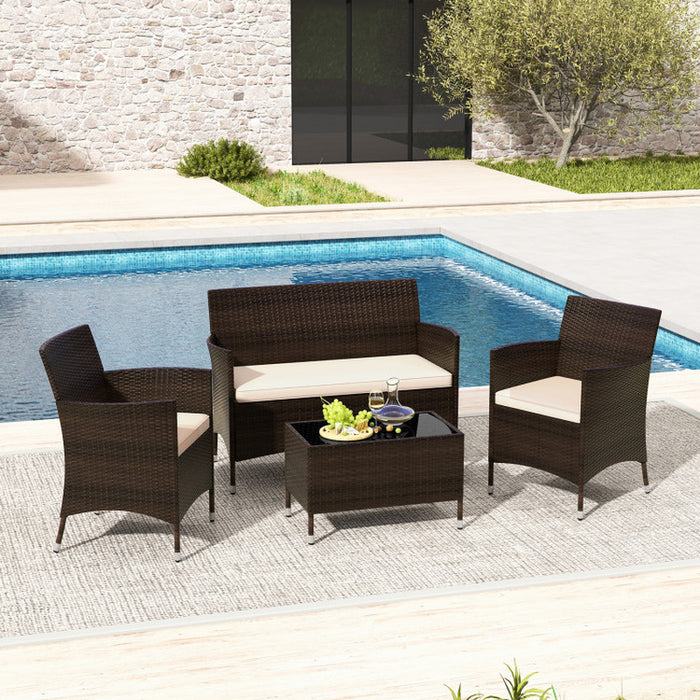 4 Pieces Comfortable Mix Brown Outdoor Rattan Sofa Set with Glass Coffee Table