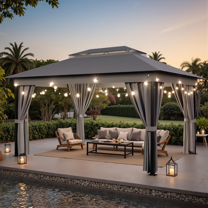 Outdoor 10'X 13' Gazebo,Large Soft Top Deck Gazebo with Mosquito Netting, Heavy Duty Metal Frame Canopy with Expansion Bolts and Double Roofs，Party Tent & Shelte for Backyard, Garden (Grey)
