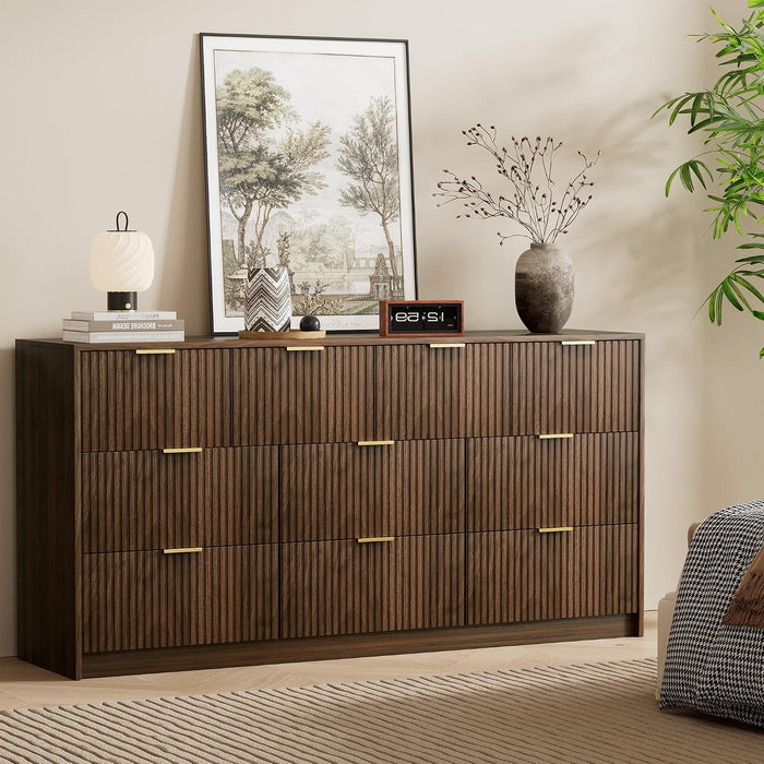 Walnut 10 Drawer Dresser for Bedroom, 63" Wide Fluted Wood Dresser