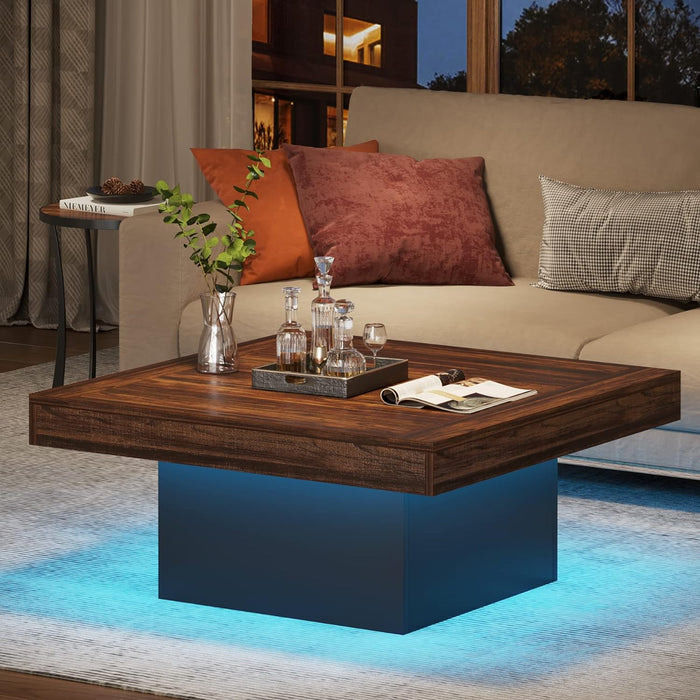 Coffee Table Square LED Coffee Table Engineered Wood Low Center Cocktail Tables for Living Room (Rustic Brown+Black)