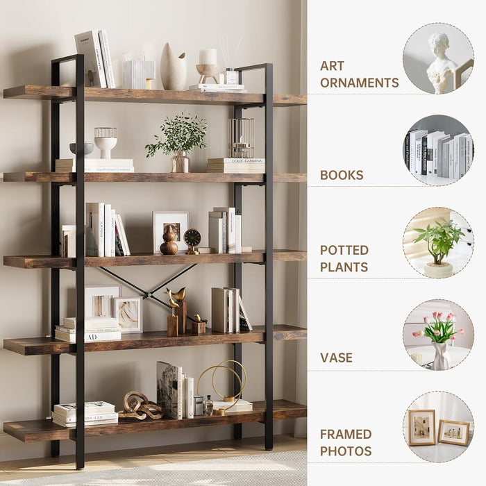 Heavy Duty 5 Tier Industrial Bookcase for Home Office, Rustic Brown | 47" Wide Wood Bookshelf,120 Lbs Shelf Capacity, Rustic Open Shelving Display,3Cm Upgraded Thicken Board,Easy to Assemble