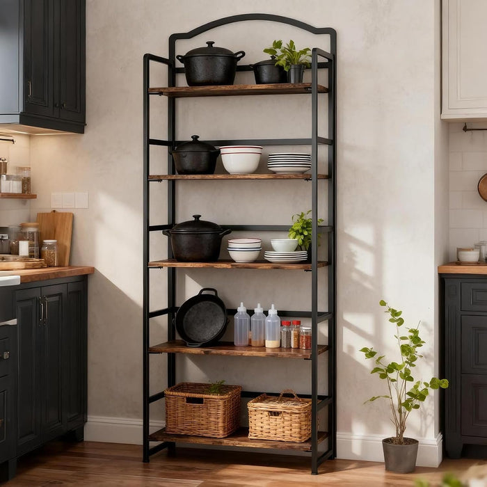 5 Tier No Assembly Folding Bookshelf, Arched Bookshelf, Foldable Bookcase for Living Room, Bedroom, Office,Skinny Bookshelf (Fire Brown)