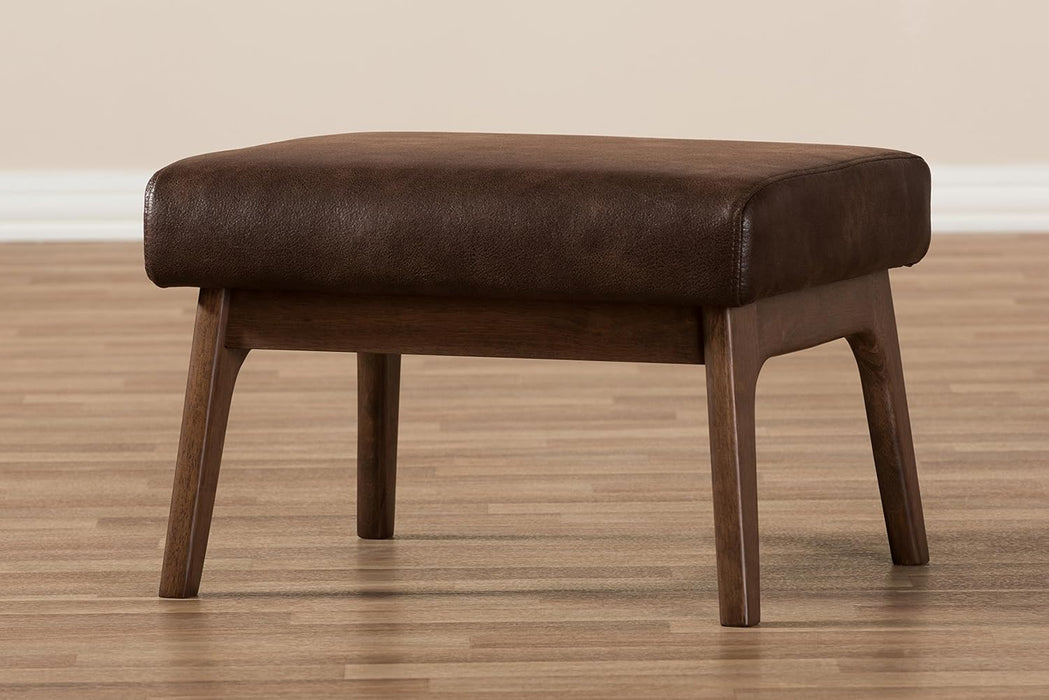 Birk Mid-Century Modern Walnut Wood Dark Brown Distressed Faux Leather Ottoman