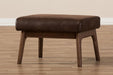 Birk Mid-Century Modern Walnut Wood Dark Brown Distressed Faux Leather Ottoman