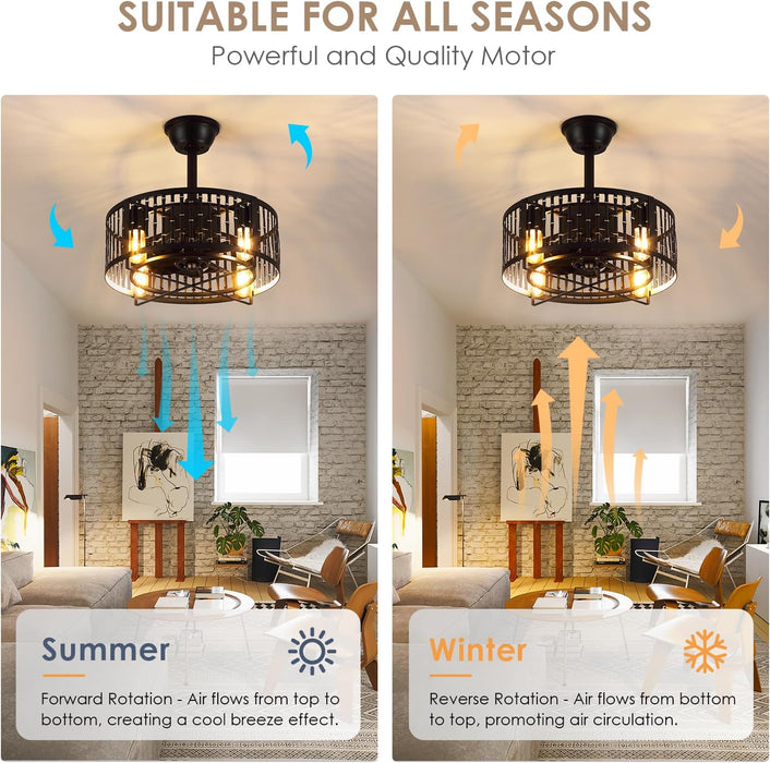 Caged Ceiling Fan with Light, 18 Inch Black Fandelier Ceiling Fans for Kitchen Bedroom Outdoor, Remote Control, Reversible