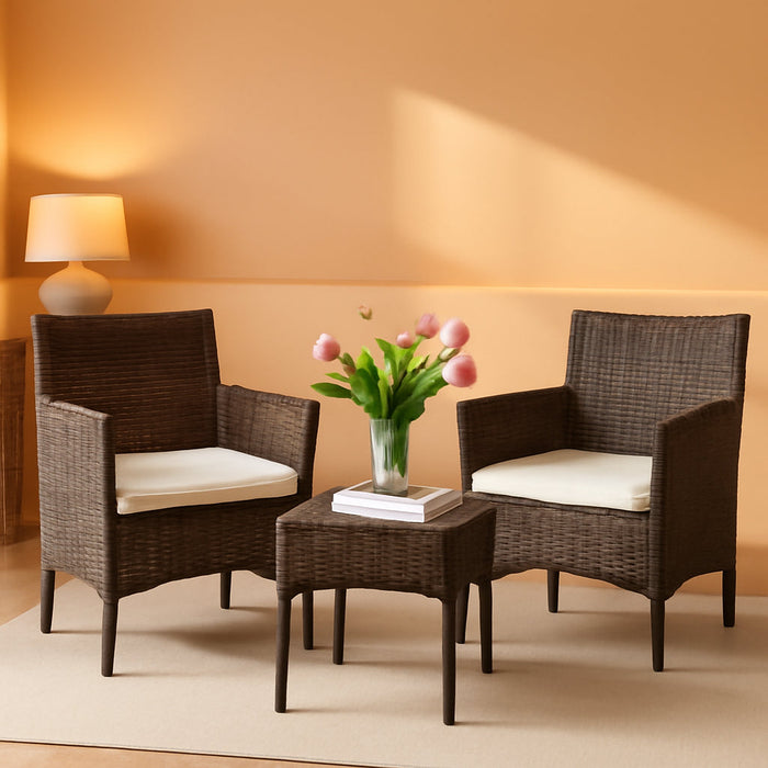 Patio Furniture Set 3 Pieces, Outdoor Wicker Furniture with Coffee Table, Modern Rattan Patio Chairs Conversation Sets with Sofa for Garden, Terrace, Porch, Balconies, Lawns(Brown and Beige)