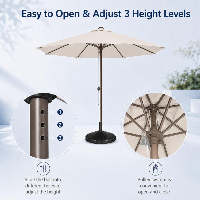 9FT Patio Umbrella, Outdoor Table Umbrella with Rope Pulley Lift, 3 Adjustable Heights, Market Umbrellas for Backyard, Pool and Deck, UPF50+
