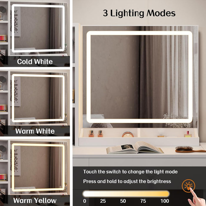 White Vanity Desk with Mirror and Lights, Makeup Vanity with Charging Station and 3 Lighting Modes, Dressing Table Set with Storage Cabinet, Drawers and Chair for Girls Bedroom