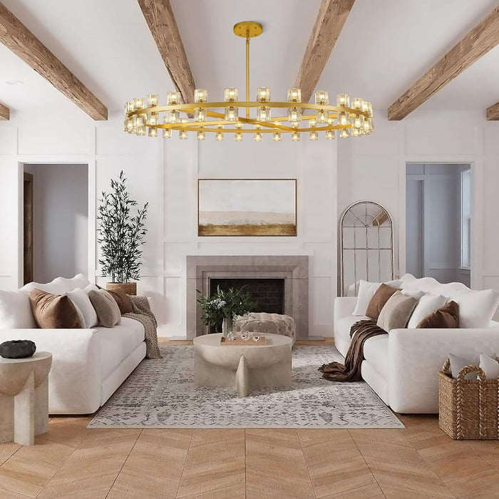 Modern 60 Inch Gold round Chandelier, Extra Large Chandeliers Crystal Chandeliers for Living Room, Large Wagon Wheel Chandelier for Foyer, Staircase, Entrance,Includes Bulb