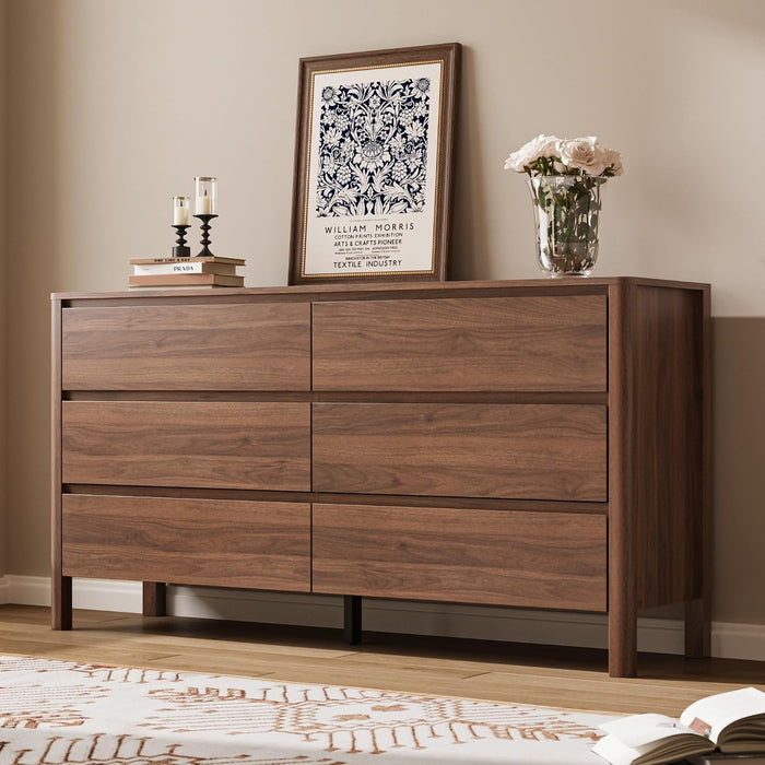 Walnut 6 Drawer Dresser for Bedroom, 55"Wide Modern Wood Dresser