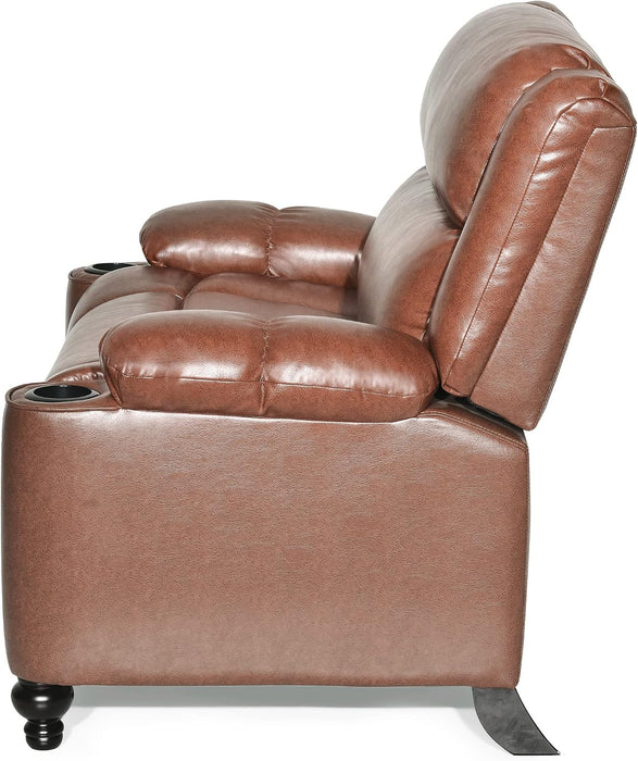 Carlo Oversized Manual Recliner Chair with Cup Holder, Faux Leather Recliner Sofa, Modern Reclining Accent Chair, Sturdy Wooden Frame, Brown