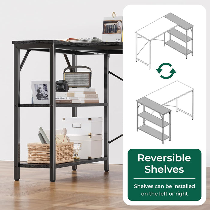 L Shaped Desk, 55 Inches Computer Desk with Reversible Storage Shelves, for Gaming Corner Home Office Writing Study, Metal Frame, Black