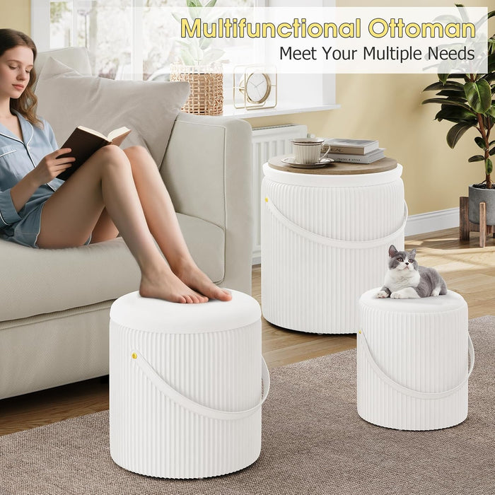 Ottoman with Storage Set of 3, round Storage Ottoman with Handle, Velvet Vanity Stool for Dorm & Bedroom, Upholstered Foot Stool for Living Room, Multifunctional Ottomans Coffee Table, White
