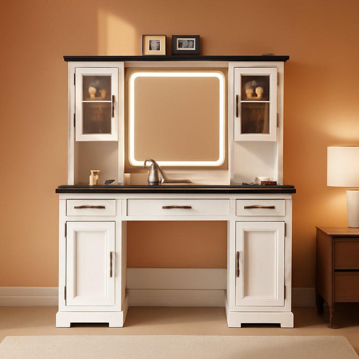 Farmhouse Vanity Desk with Mirror and Lights, Makeup Vanity Table with Charging Station, 45" Bedroom Table with 4 Drawers and Cabinets, 3 Lighting Modes, White