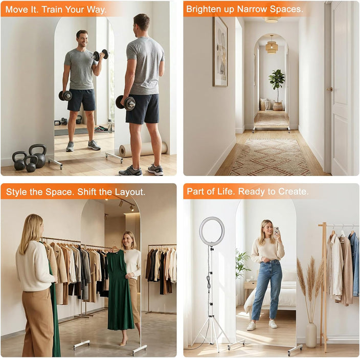 Full Length Stand Mirror on Wheels, Arched, 70X22 In