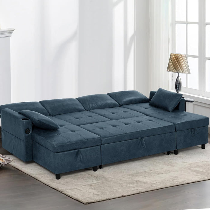 Blue Genuine Suede Leather 110Inch Sectional Sleeper