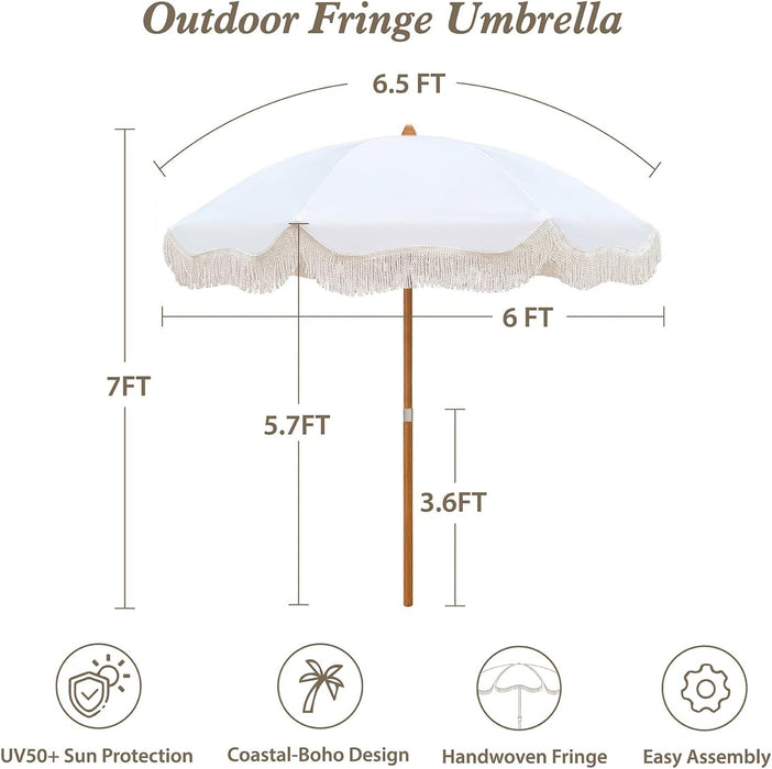 Boho Fringe Umbrella, 6.5Ft Canvas Umbrella