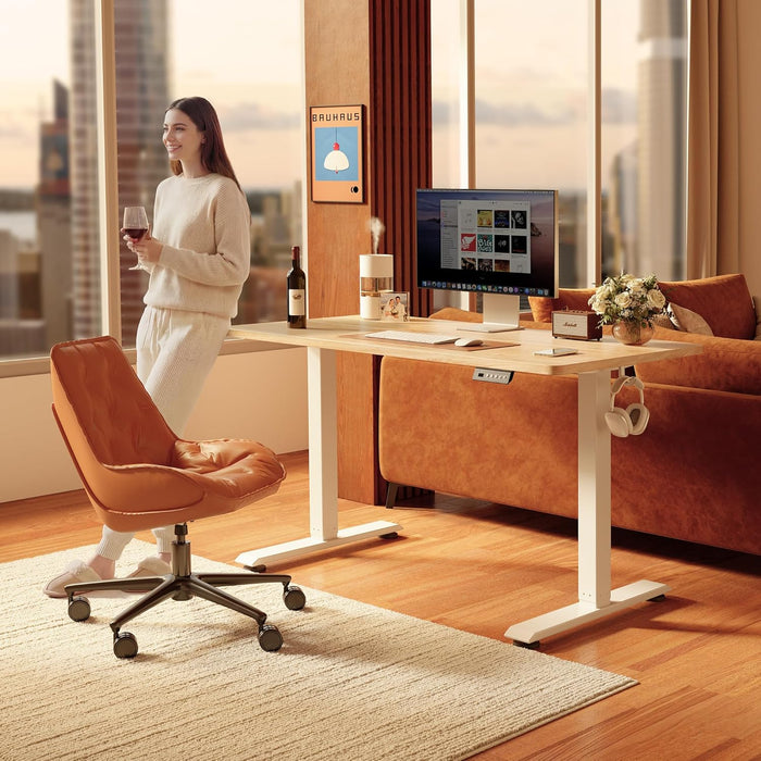 55 X 24 Inchs Electric Standing Desk, Height Adjustable, Sit Stand Up, Computer Office Desk with Splice Board, White Frame/Maple Top