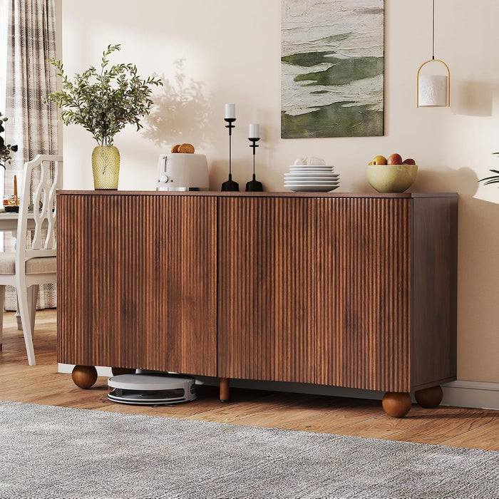 58 Inches Walnut Fluted Sideboard Buffet Cabinetry
