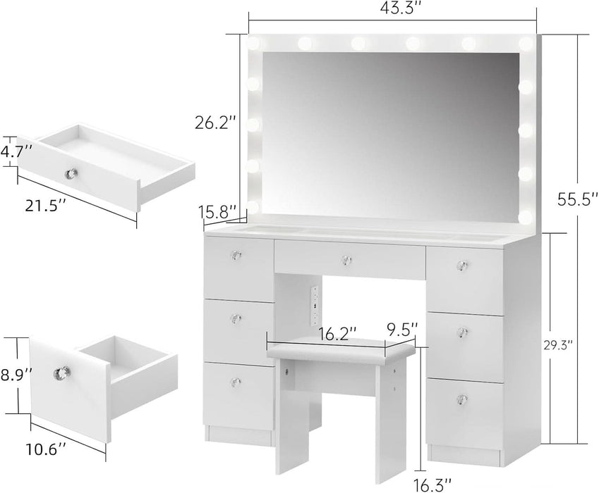 Vanity with Lighted Mirror - Makeup Vanity Desk with Glass Top, 7 Drawers and Power Outlet, 3 Color Lighting Modes Adjustable Brightness, 44" Vanity Table with Stool for Women Girls, White