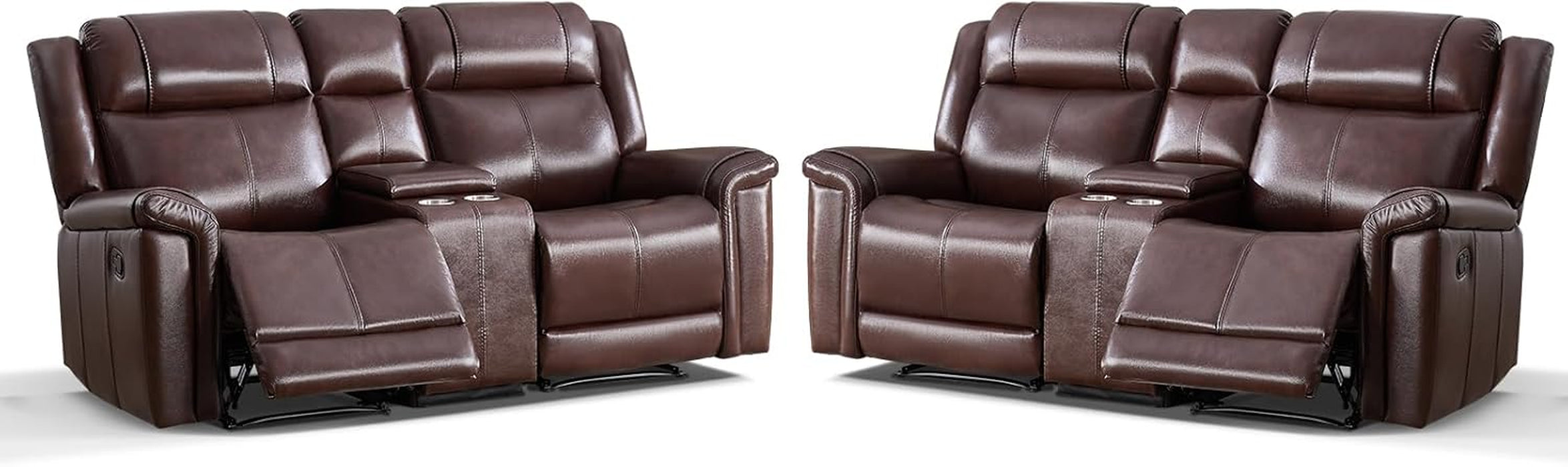 Geniune Leather Manual Loveseat Recliner Sofa Set of 2 with Center Console, Overstuffed 2-Seater Reclining Couch with Hidden Storage & Cup Holders, 2 Dual Recliner for Living Room, Rust Brown