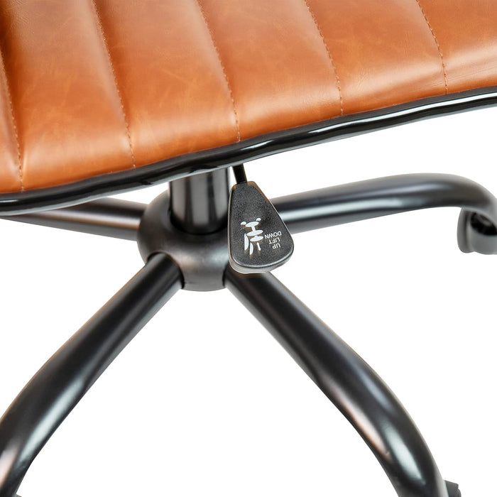 Alan Low-Back Ribbed Upholstered Vinyl Swivel Desk Chair with Padded Seat, Modern Adjustable Height Padded Office Chair, Brown