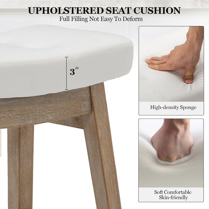 Counter Height Bar Stools Set of 6, Barstools with Upholstered Leather Saddle Seat and Solid Wood Legs 24 Inch Kitchen Counter Stools for Bar, Dining, Farmhouse, White