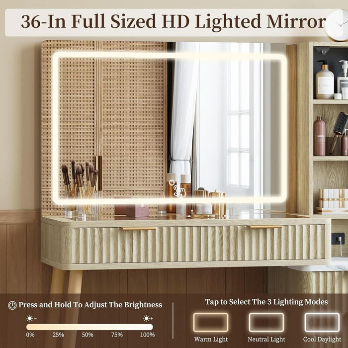 Fluted Makeup Vanity Desk with Mirror and Lights, Modern Glass Top Vanity Table with Charging Station, 5 Drawers & Shelves, 3 Color Modes, Wood Dressing Table for Bedroom, Oak