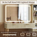 Fluted Makeup Vanity Desk with Mirror and Lights, Modern Glass Top Vanity Table with Charging Station, 5 Drawers & Shelves, 3 Color Modes, Wood Dressing Table for Bedroom, Oak