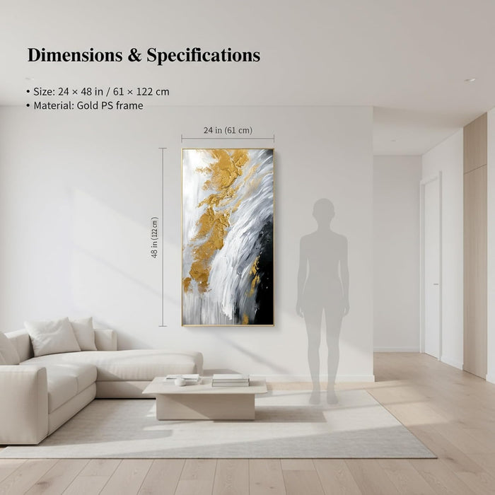 Hand-Painted Black and White Abstract Oil Painting on Canvas for Entrance-Hall, Framed Gold Wall Art for Living Room,Large 3D Wall Picture for Bedroom Kitchen Home Decoration 24X48Inch