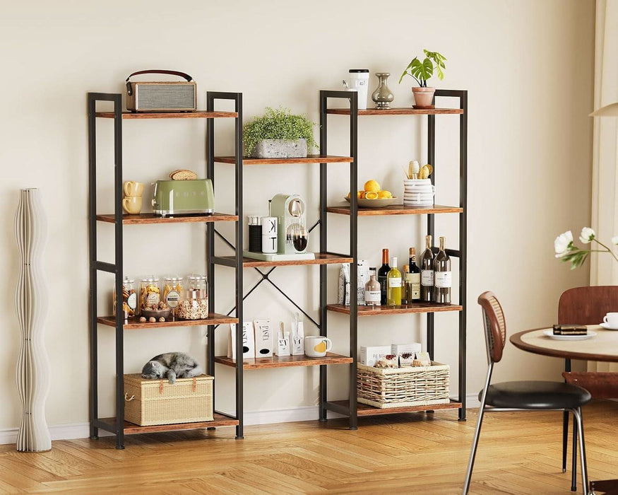 Triple 4 Tier Bookshelf, Large Bookcase with 11 Open Display Shelves, Modern Industrial Book Shelves Book Case for Bedroom, Wide Standing Shelving Unit for Living Room Home Office, Vintage